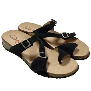 Haflinger Womens 10 42 Suede Strap Toe Wrap Slide Sandals Black 2 Buckle Cork